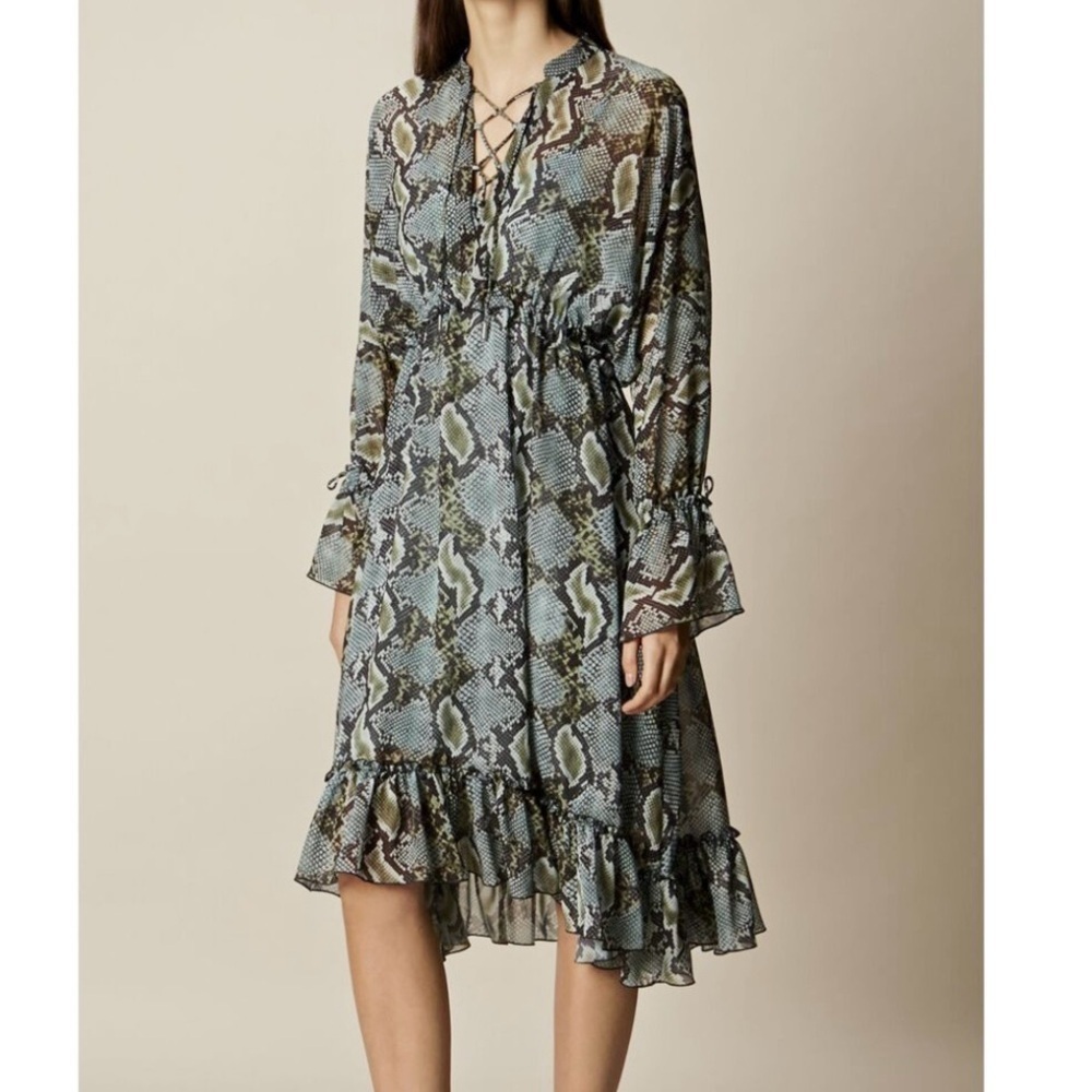 KAREN MILLEN Batwing Sleeve Chiffon Snake Print Ruffle Hi-Lo Midi Dress 2 blue